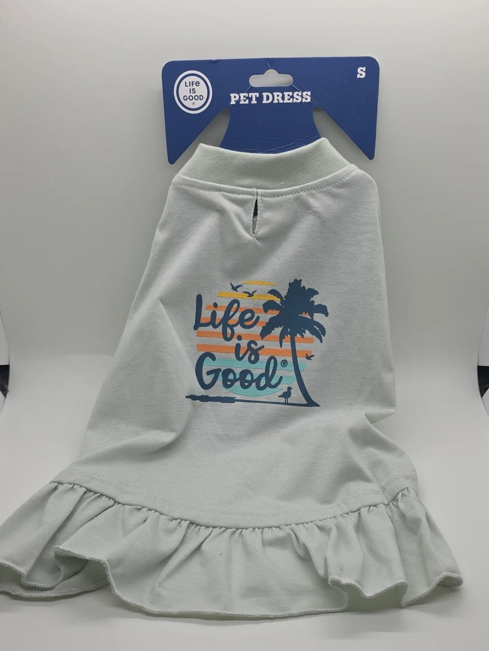 Life Is Good White Pet Dress with Blue and Orange Graphic